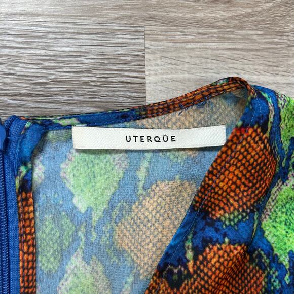 Uterqüe Midi Dress Multicolor Snake Print Long Sleeve Ruched Waist Large - Picture 7 of 8